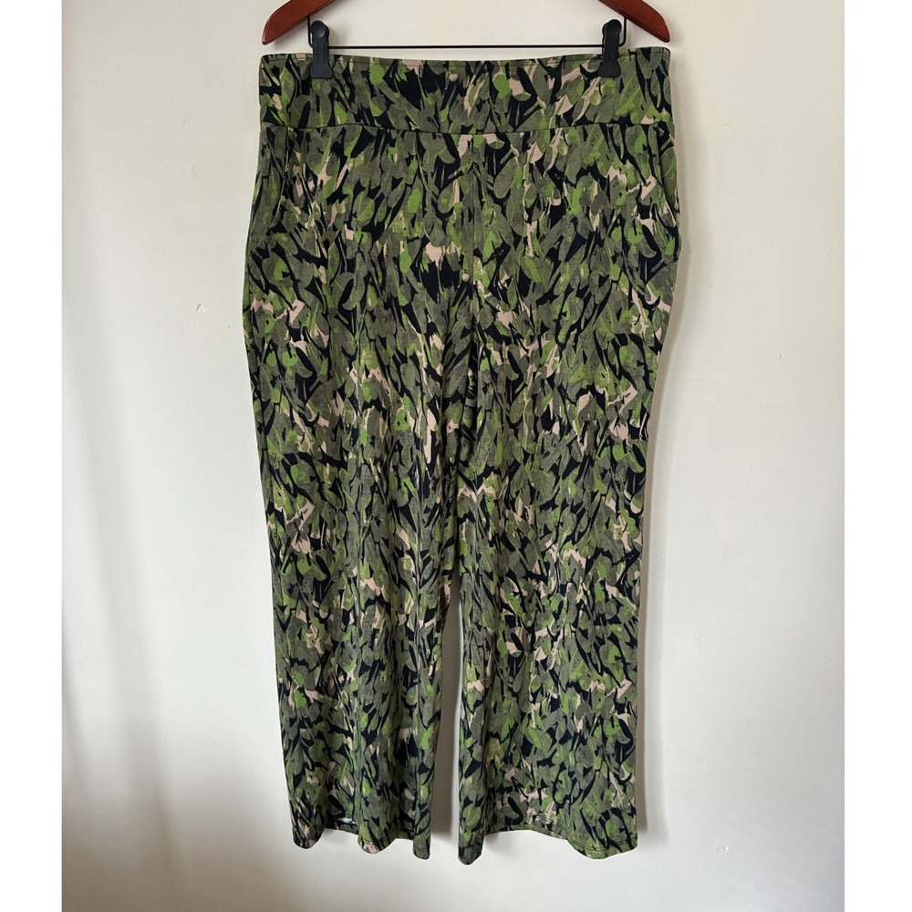 Faded Glory Womens Green Abstract Leaf Print Wide Leg Pull On Pants Large 12-14